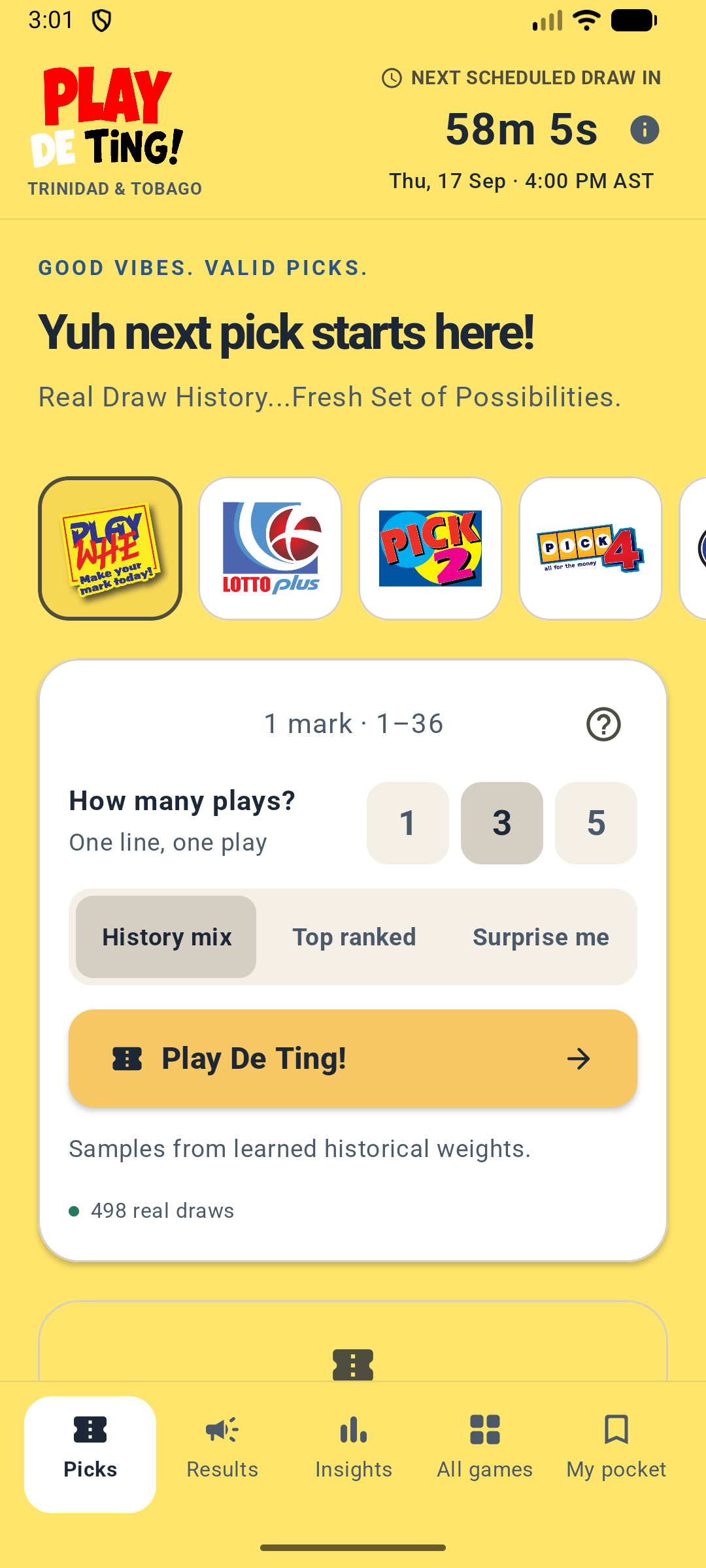 Play De Ting Android Picks screen with the Play Whe theme, header countdown, game-logo selectors and compact play controls. No ad banner is shown.