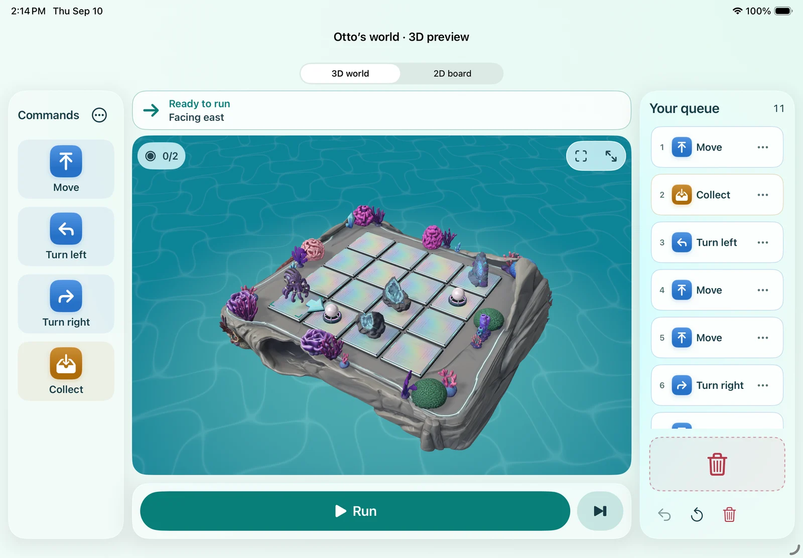 Coding Edition with Otto on an underwater 3D board, picture commands, a numbered program queue, and playback controls.